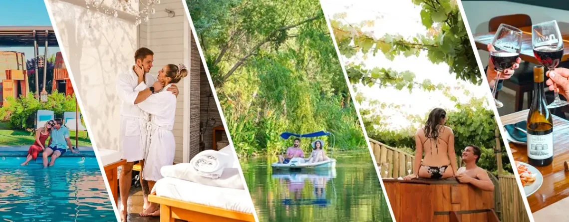 Diferentes parejas disfrutan su estadía en el Hotel Cava Colchagua; tanto en la piscina, como en la sala de masajes, navegando por la laguna, en el Hot tube y bebiendo vino de la Viña Cava Colchagua en el Restaurant del Hotel