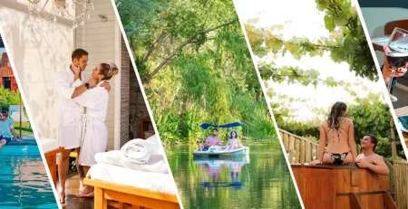 Diferentes parejas disfrutan su estadía en el Hotel Cava Colchagua; tanto en la piscina, como en la sala de masajes, navegando por la laguna, en el Hot tube y bebiendo vino de la Viña Cava Colchagua en el Restaurant del Hotel