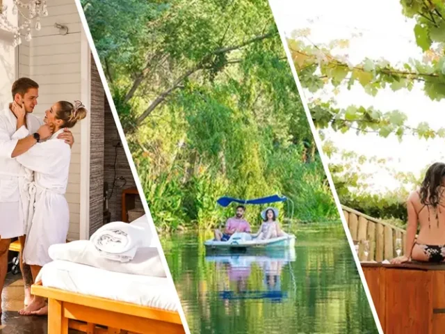 Diferentes parejas disfrutan su estadía en el Hotel Cava Colchagua; tanto en la piscina, como en la sala de masajes, navegando por la laguna, en el Hot tube y bebiendo vino de la Viña Cava Colchagua en el Restaurant del Hotel