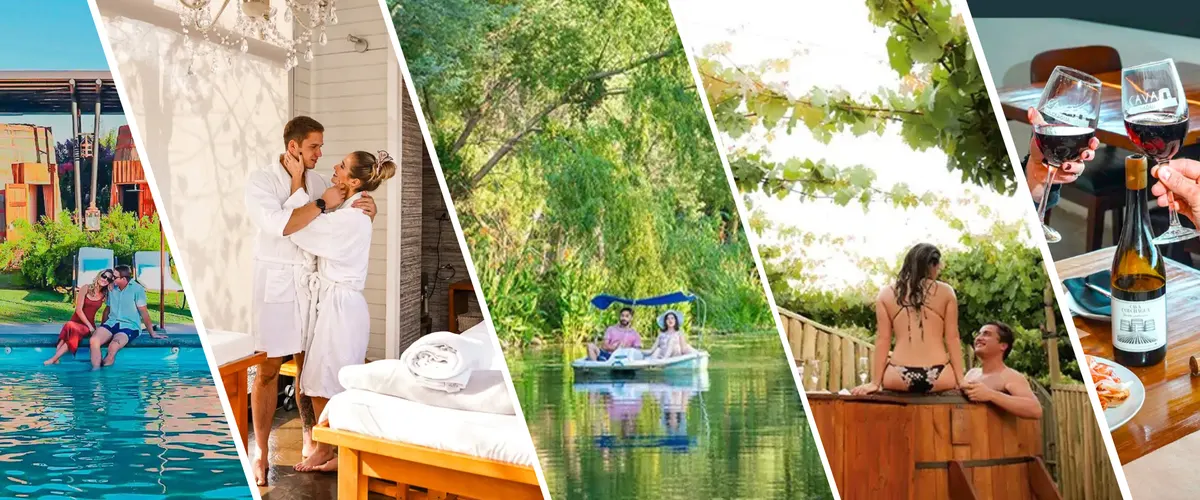 Diferentes parejas disfrutan su estadía en el Hotel Cava Colchagua; tanto en la piscina, como en la sala de masajes, navegando por la laguna, en el Hot tube y bebiendo vino de la Viña Cava Colchagua en el Restaurant del Hotel