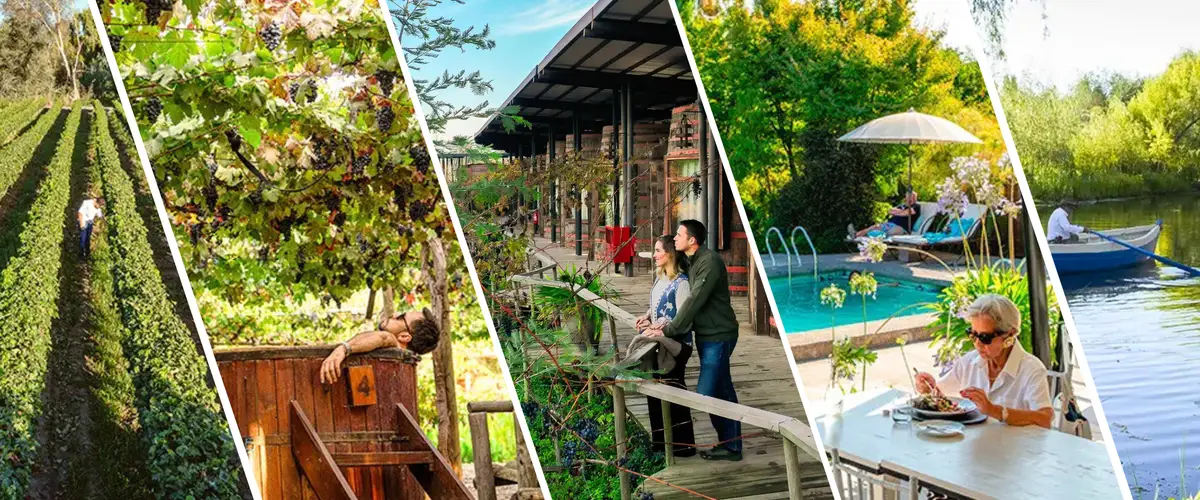 Viñedo de Cava Colchagua, hombre en hot tube bajo los viñedos, pareja mirando el viñedo desde afuera de su habitación, mujer comiendo en terraza del restaurant con vista a la piscina y hombre en un bote en la Laguna del Hotel Cava Colchagua