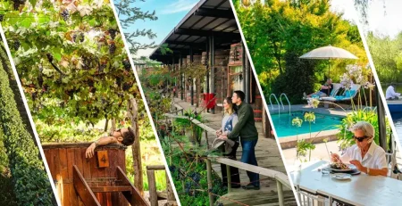 Viñedo de Cava Colchagua, hombre en hot tube bajo los viñedos, pareja mirando el viñedo desde afuera de su habitación, mujer comiendo en terraza del restaurant con vista a la piscina y hombre en un bote en la Laguna del Hotel Cava Colchagua