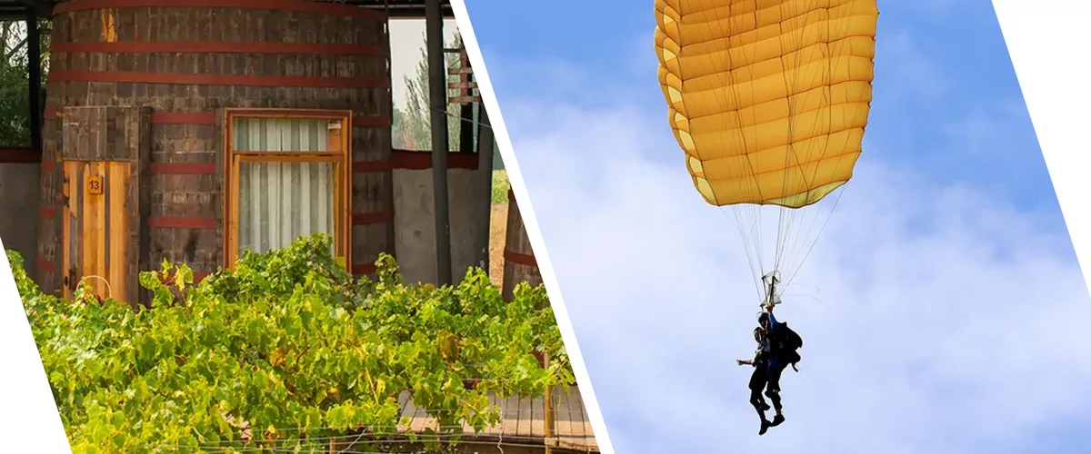 Una de las 29 habitaciones del Hotel Cava Colchagua que consta de una barrica centenaria de 45.000 litros convertida en lujosa habitación, junto a la imagen de una pareja haciendo paracaidismo en el valle de Colchagua