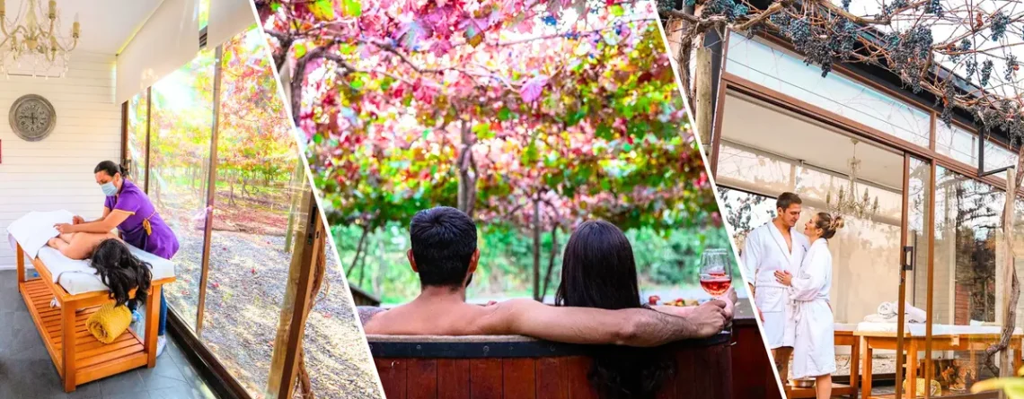 Tres imágenes; en la primera una masajista está dando un masaje a una huésped que está recostada boca abajo sobre la camilla, en la sala de masajes del Spa Cava Colchagua. En la segunda imagen una pareja disfruta de una tinaja de agua caliente mientras beben una copa de vino; y en la tercera imagen una pareja se mira sonriente , están de pie en la sala de masajes que está rodeada de parronales en el Hotel Cava Colchagua.