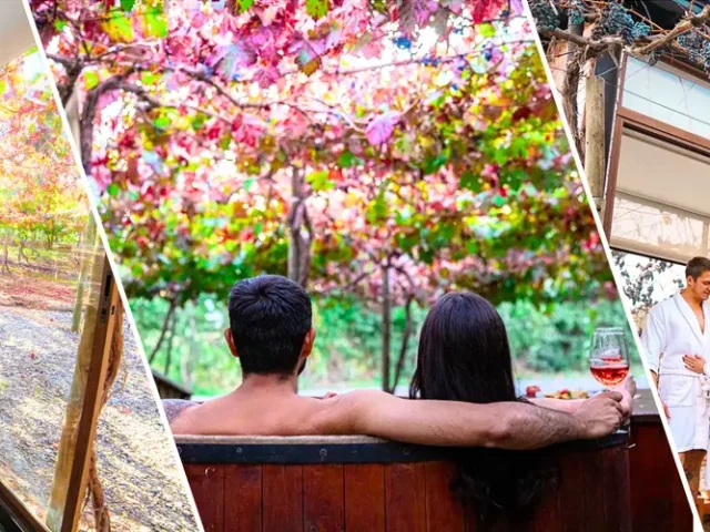 Tres imágenes; en la primera una masajista está dando un masaje a una huésped que está recostada boca abajo sobre la camilla, en la sala de masajes del Spa Cava Colchagua. En la segunda imagen una pareja disfruta de una tinaja de agua caliente mientras beben una copa de vino; y en la tercera imagen una pareja se mira sonriente , están de pie en la sala de masajes que está rodeada de parronales en el Hotel Cava Colchagua.