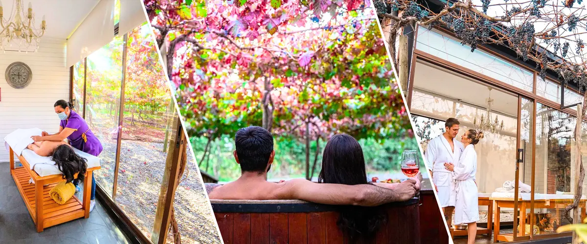 Tres imágenes; en la primera una masajista está dando un masaje a una huésped que está recostada boca abajo sobre la camilla, en la sala de masajes del Spa Cava Colchagua. En la segunda imagen una pareja disfruta de una tinaja de agua caliente mientras beben una copa de vino; y en la tercera imagen una pareja se mira sonriente , están de pie en la sala de masajes que está rodeada de parronales en el Hotel Cava Colchagua.