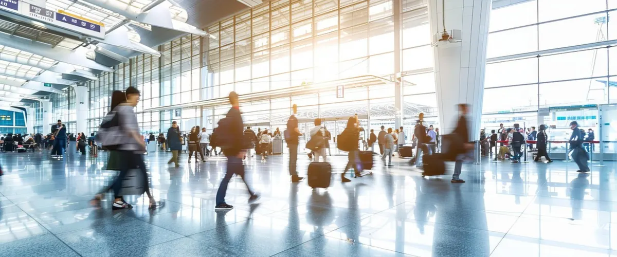 Grupo de personas en el aeropuerto caminando por el pasillo central con sus maletas, algunos buscan la salida, otros esperan, otros buscan su vuelo.