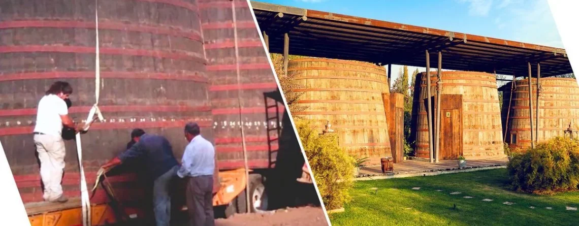 Dos imágenes; la primera hace 13 años cuando llegaron las cavas gigantes de vino a la propiedad de Cava Colchagua, y la segunda foto es cómo están hoy las Cavas, convertidas en habitaciones de lujo del Hotel.