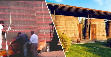 Dos imágenes; la primera hace 13 años cuando llegaron las cavas gigantes de vino a la propiedad de Cava Colchagua, y la segunda foto es cómo están hoy las Cavas, convertidas en habitaciones de lujo del Hotel.