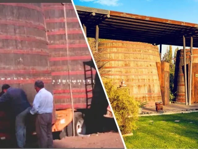 Dos imágenes; la primera hace 13 años cuando llegaron las cavas gigantes de vino a la propiedad de Cava Colchagua, y la segunda foto es cómo están hoy las Cavas, convertidas en habitaciones de lujo del Hotel.