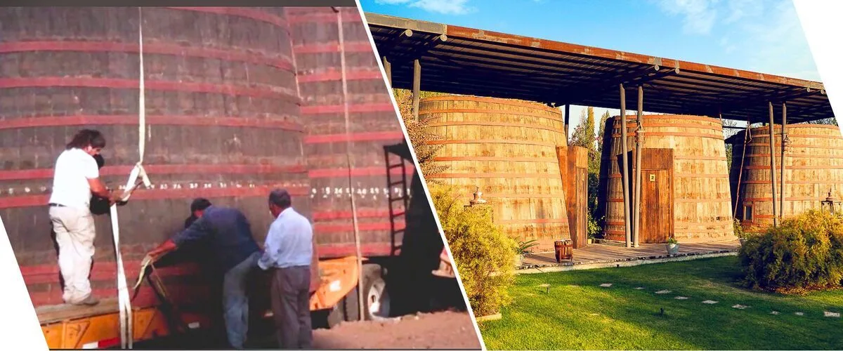 Dos imágenes; la primera hace 13 años cuando llegaron las cavas gigantes de vino a la propiedad de Cava Colchagua, y la segunda foto es cómo están hoy las Cavas, convertidas en habitaciones de lujo del Hotel.