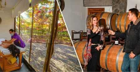 Dos imágenes de lo que puedes hacer en el Hotel Cava Colchagua en modo Slow Travel: Foto 1: masajista dando masaje en la espalda de una huésped, ambas están dentro de la sala climatizada del SPA. Foto 2: una pareja está feliz brindando con vino carmere dentro de la bodega de la Viña Cava Colchagua ubicada dentro de la propiedad.