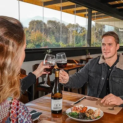 Brindis entre dos personas en restaurante de Hotel Santa Cruz, con botella de vino, platos sobre mesa de madera y vista a árboles y montañas. La escena transmite celebración íntima, estética territorial y conexión con Cava Colchagua.